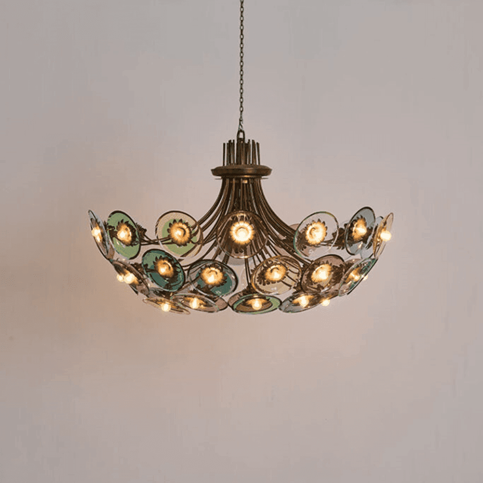 Home 2 Coloured glass chandelier lit, 28 glass discs glowing in green, blue and amethyst