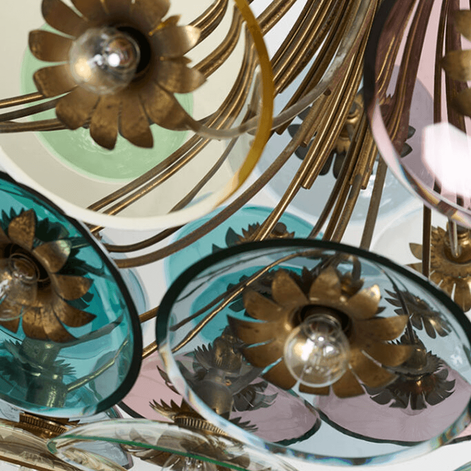 Coloured Glass Chandelier – 4 ft Brass Bowl with 6″ Glass Discs | Jagmag Lights 7 Teal, amethyst and green glass discs seen close up from below