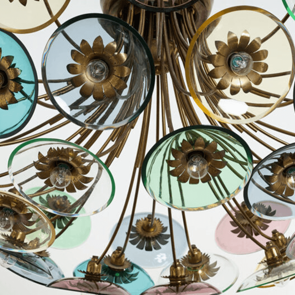 Coloured Glass Chandelier – 4 ft Brass Bowl with 6″ Glass Discs | Jagmag Lights 5 Underside of the coloured glass chandelier showing the brass arms and glass discs