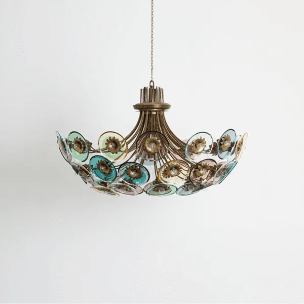 Coloured glass chandelier unlit on white, showing the brass-finished bowl frame