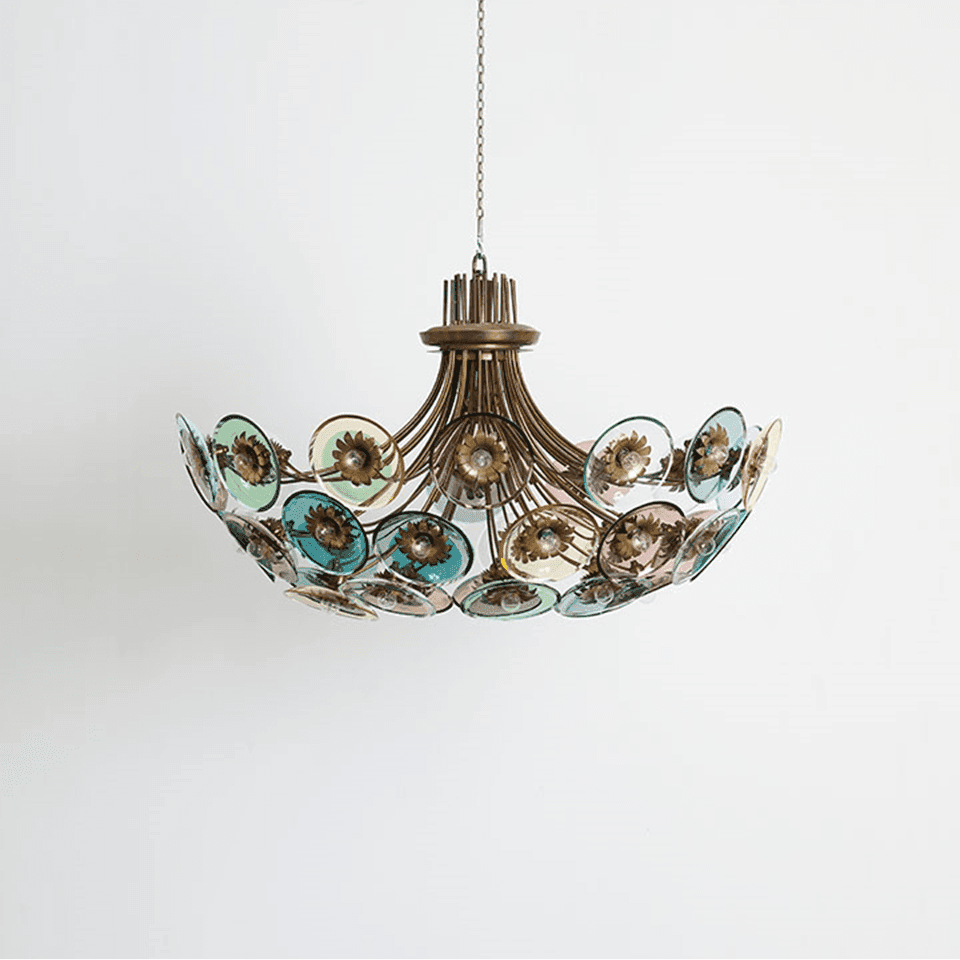Coloured Glass Chandelier – 4 ft Brass Bowl with 6″ Glass Discs | Jagmag Lights 2 Coloured glass chandelier unlit on white, showing the brass-finished bowl frame