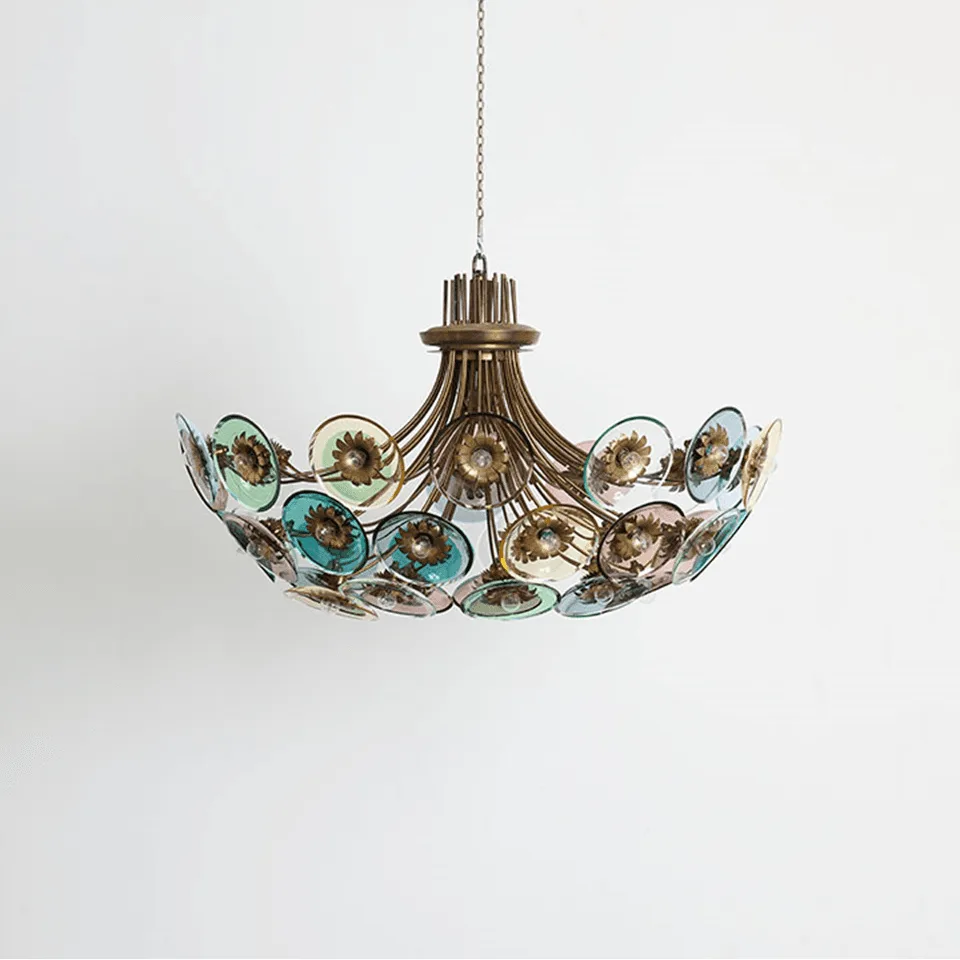 Coloured Glass Chandelier – 4 ft Brass Bowl with 6″ Glass Discs 2 Coloured glass chandelier unlit on white, showing the brass-finished bowl frame