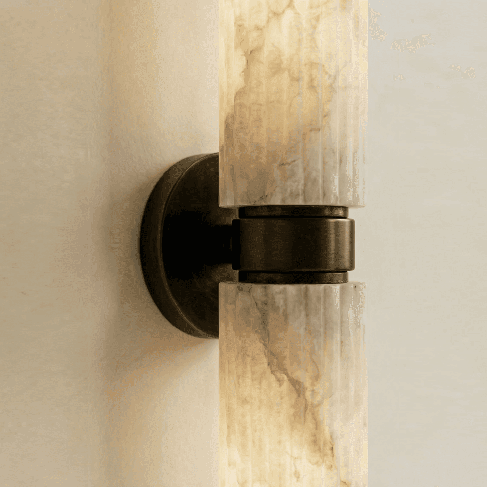 Fluted Alabaster Wall Light – Twin Tube Bronze, 50 cm | Jagmag Lights 5 Antique bronze centre collar and round wall plate detail on the fluted alabaster wall light