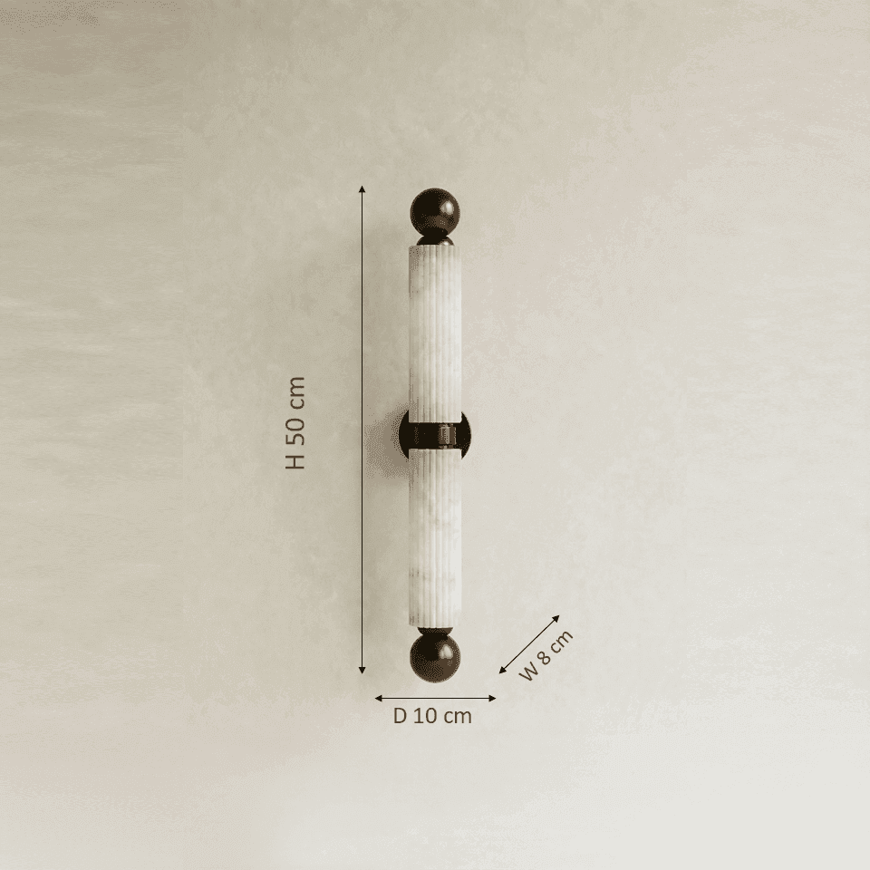 Fluted Alabaster Wall Light – Twin Tube Bronze, 50 cm | Jagmag Lights 6 Fluted alabaster wall light dimension drawing — 50 cm high, 10 cm wide, 8 cm wall projection