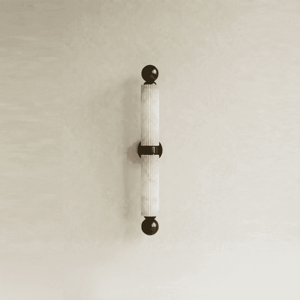 Fluted Alabaster Wall Light – Twin Tube Bronze, 50 cm | Jagmag Lights 3 Unlit fluted alabaster wall light showing ribbed natural stone and bronze sphere finials