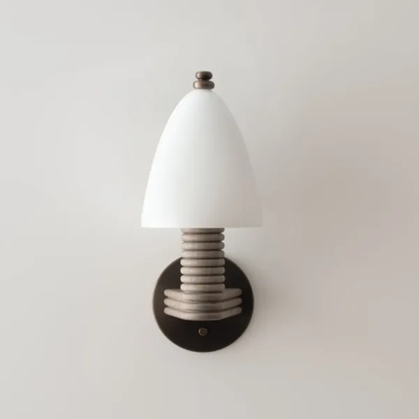 Wooden wall sconce unlit, white opal borosilicate glass dome above the ringed grey-brown wood arm