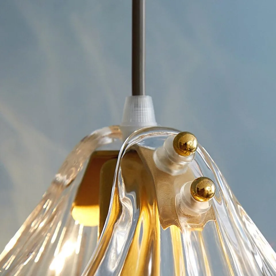 Glass Leaf Pendant Light – Clear Ribbed Glass with Brass, G9 11 Close up of the brass ball finials fixing the glass leaf shade to the pendant frame
