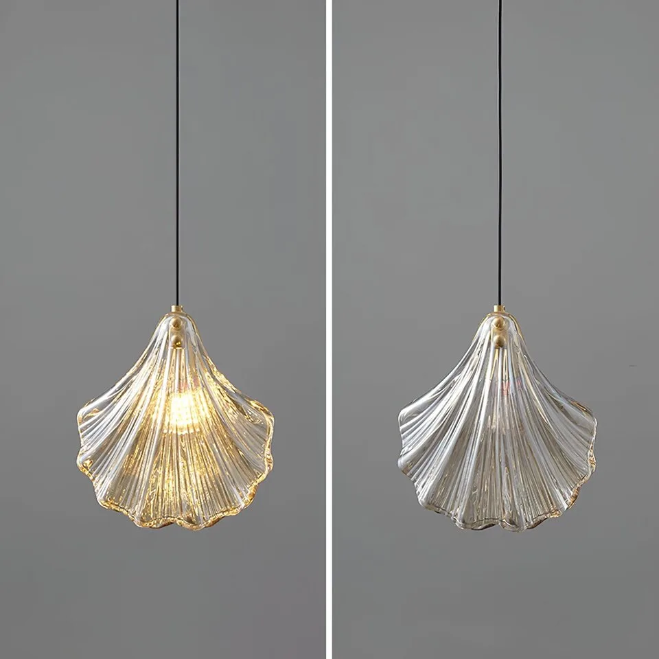 Glass Leaf Pendant Light – Clear Ribbed Glass with Brass, G9 8 Glass leaf pendant light showing the warm champagne tone of the ribbed glass