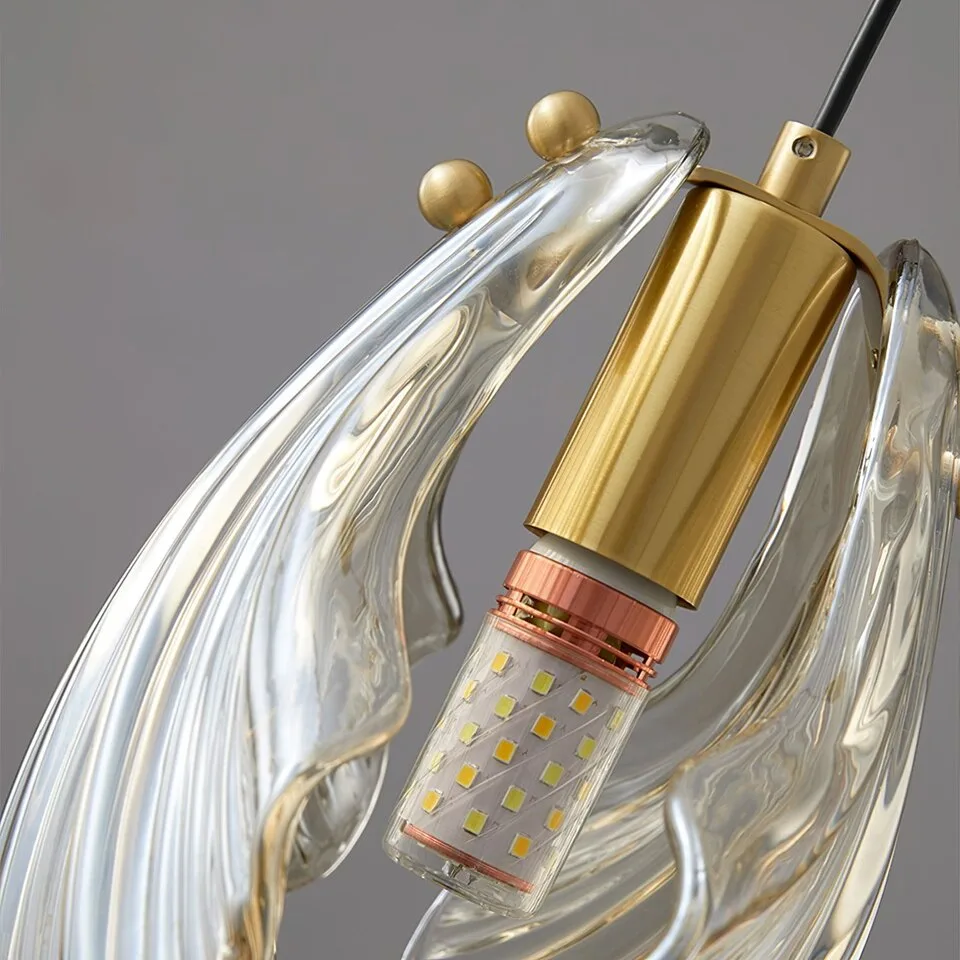 Glass Leaf Pendant Light – Clear Ribbed Glass with Brass, G9 10 Close up of the brass G9 lamp holder inside the glass leaf pendant light shade