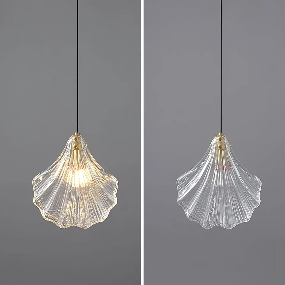 Glass Leaf Pendant Light – Clear Ribbed Glass with Brass, G9 7 Glass leaf pendant light shown lit on the left and unlit on the right