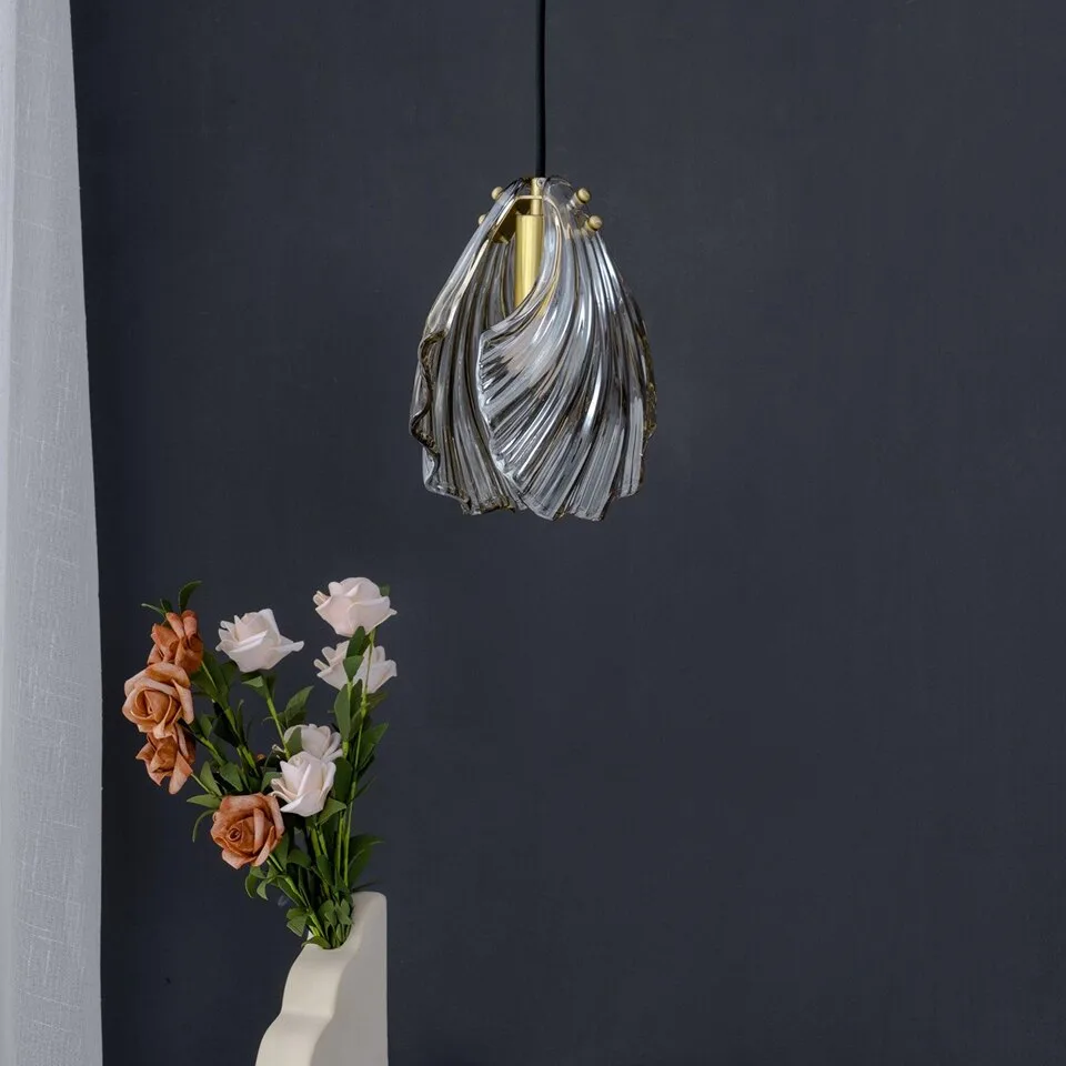 Glass Leaf Pendant Light – Clear Ribbed Glass with Brass, G9 12 Glass leaf pendant light switched off showing the clear ribbed glass shade