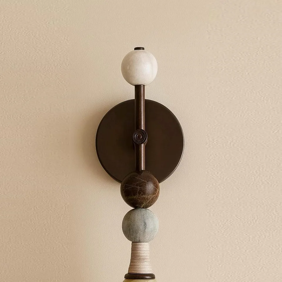 Honey Alabaster Wall Light – 450 mm Stone Stack Sconce | Jagmag Lights 4 Dark bronze backplate with the white alabaster ball above and brown marble bead below