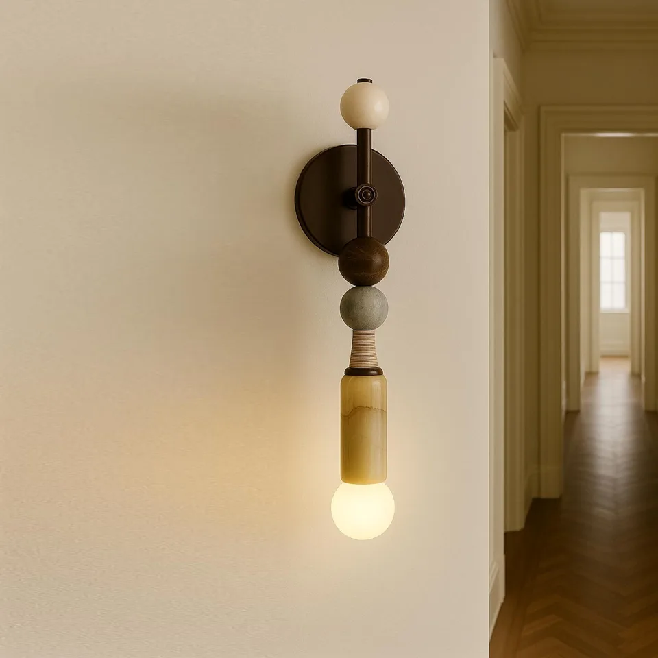 Honey Alabaster Wall Light – 450 mm Stone Stack Sconce | Jagmag Lights 5 Honey alabaster wall light in a hallway with herringbone floor