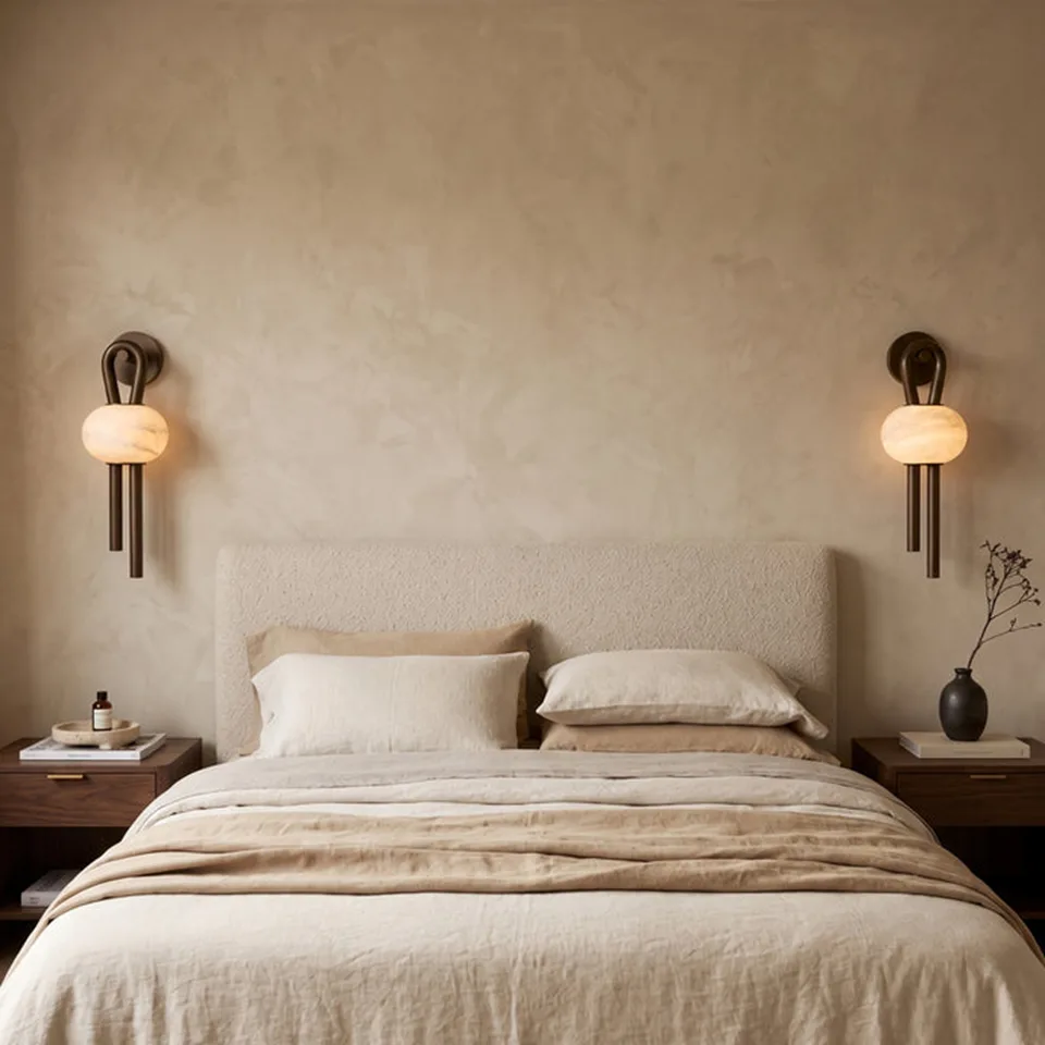 Oval Alabaster Wall Light – 53 cm Natural Stone & Bronze | Jagmag Lights 2 Pair of oval alabaster wall lights flanking a bed, glowing warm above walnut bedside tables