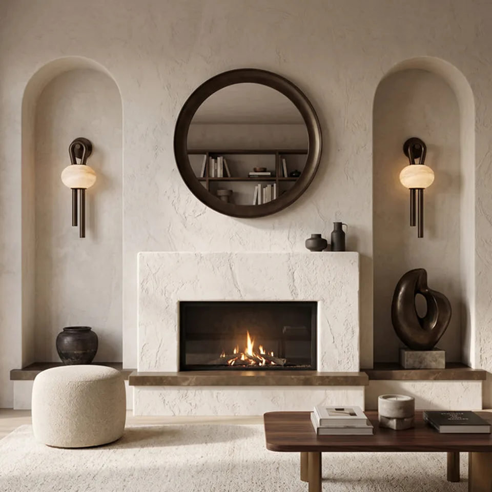 Oval Alabaster Wall Light – 53 cm Natural Stone & Bronze | Jagmag Lights 4 Pair of oval alabaster wall lights in arched niches beside a living room fireplace