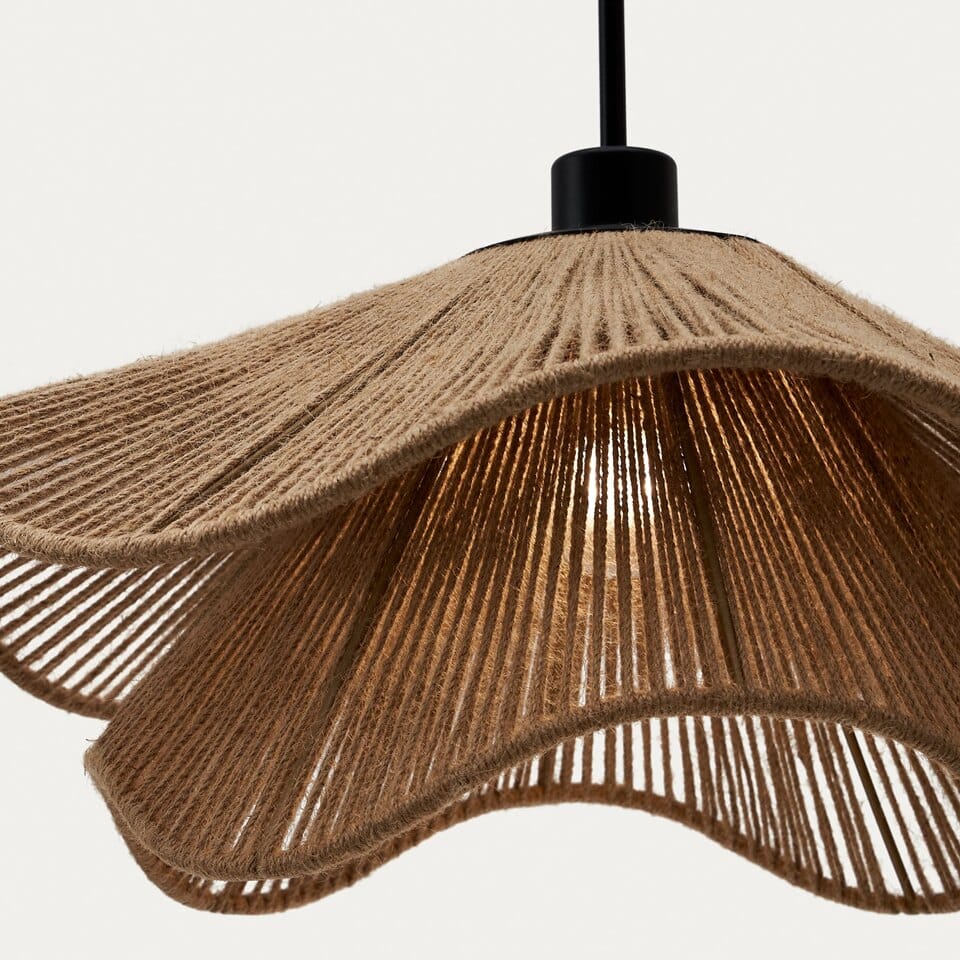 Rope Pendant Light – Raffia Paper Rope, Scalloped 50 cm 3 Underside of the lit rope pendant light showing warm light through the woven cords