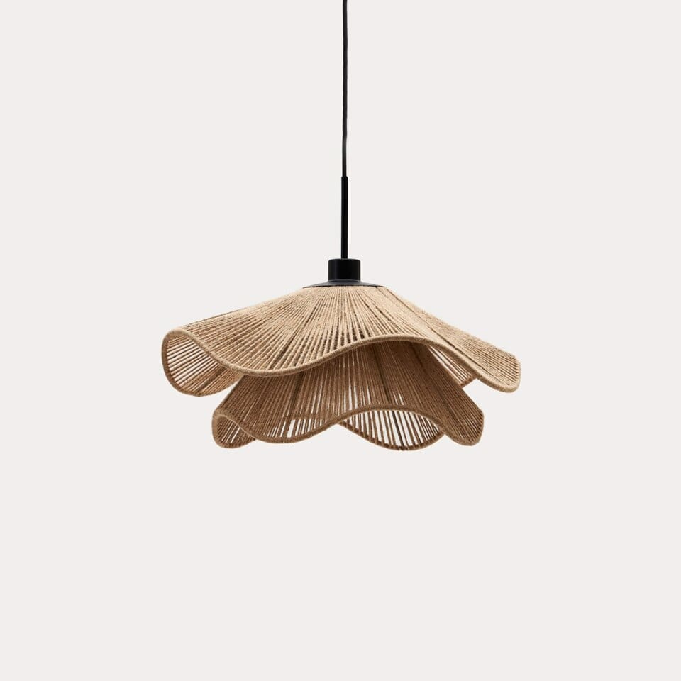 Natural rope pendant light with two scalloped woven tiers and a black cord