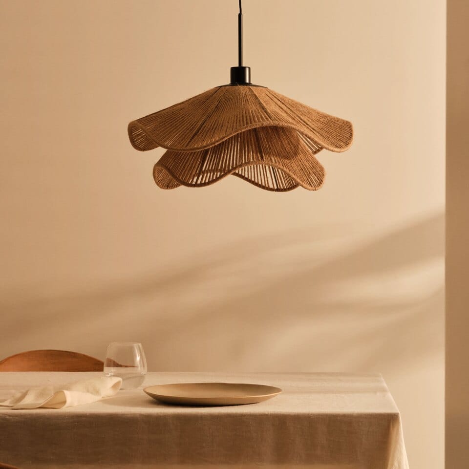 Rope Pendant Light – Raffia Paper Rope, Scalloped 50 cm 2 Rope pendant light hanging over a linen-covered dining table in a warm neutral room
