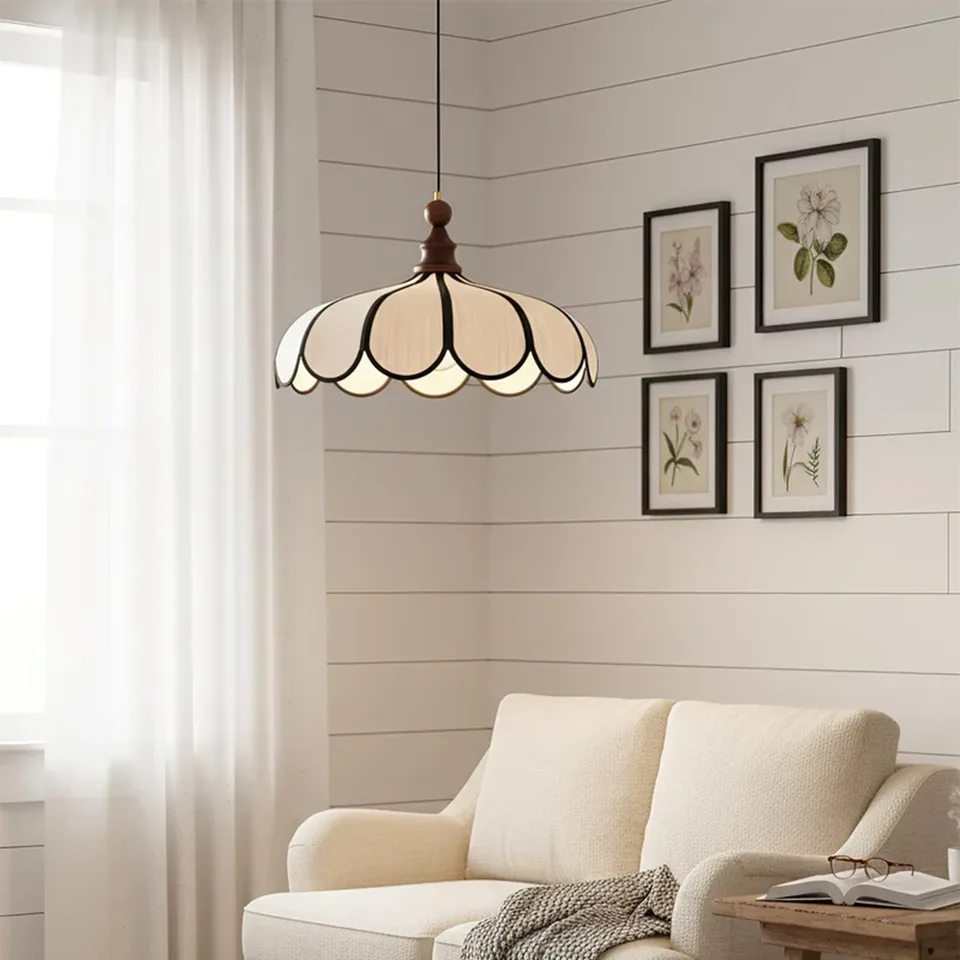 Scalloped Fabric Pendant Light – Ivory Petals, Black Trim and Wood Finial, 50 cm 10 Scalloped fabric pendant light above a cream sofa against white panelled walls