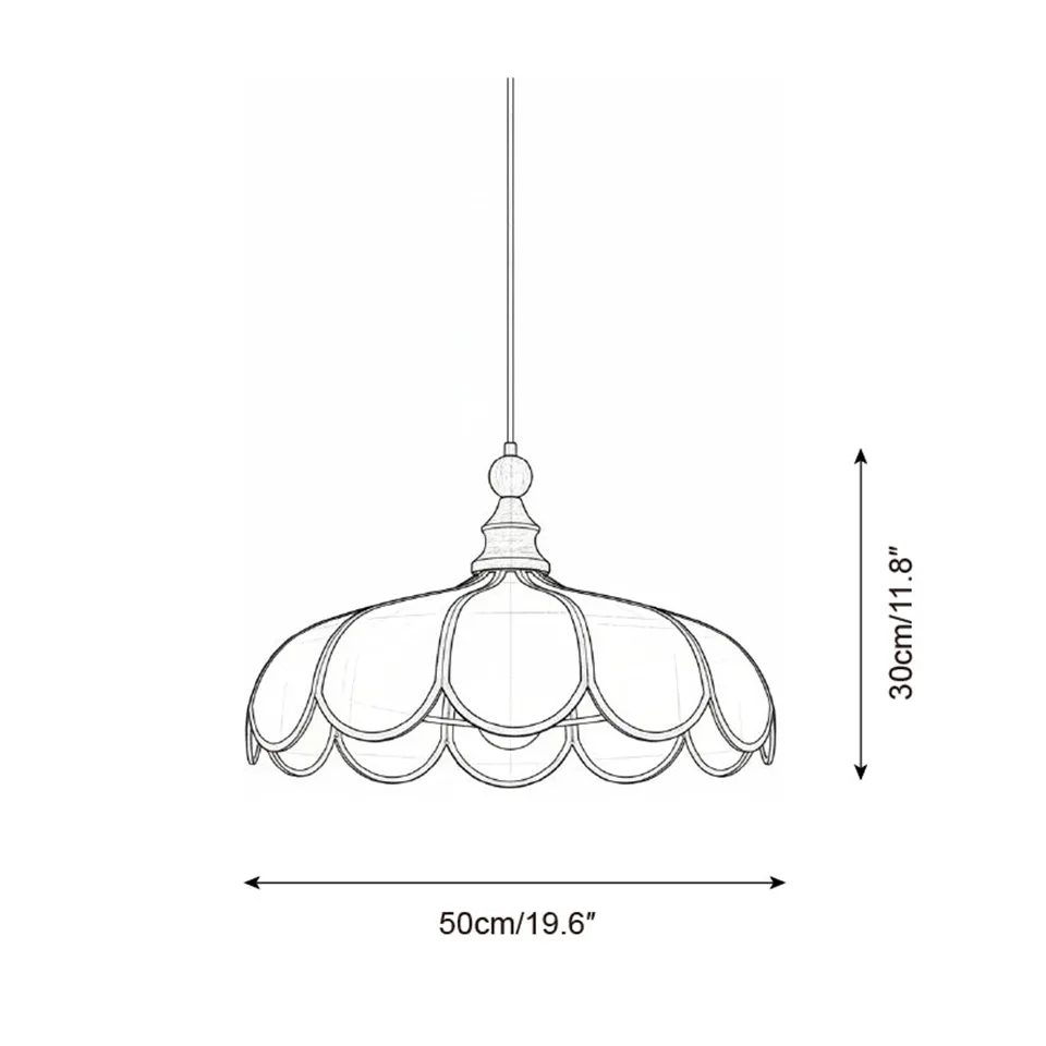 Scalloped Fabric Pendant Light – Ivory Petals, Black Trim and Wood Finial, 50 cm 12 Dimension drawing of the scalloped fabric pendant light: 50 cm diameter and 30 cm height