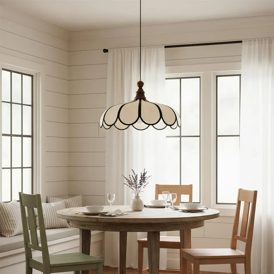 Scalloped Fabric Pendant Light – Ivory Petals, Black Trim and Wood Finial, 50 cm 8 Scalloped fabric pendant light over a round wooden dining table in a breakfast nook
