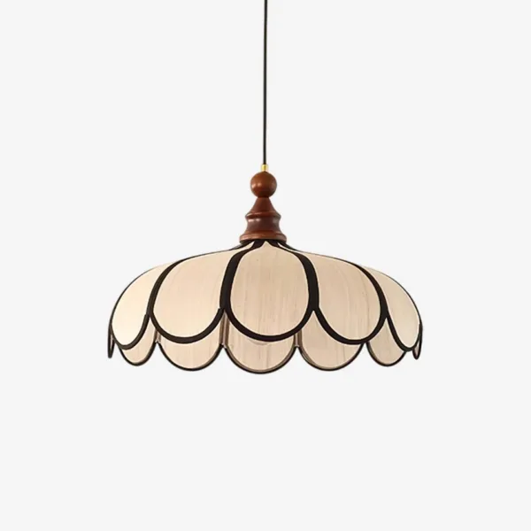 Front view of the ivory scalloped fabric pendant light with two tiers of black-edged petals