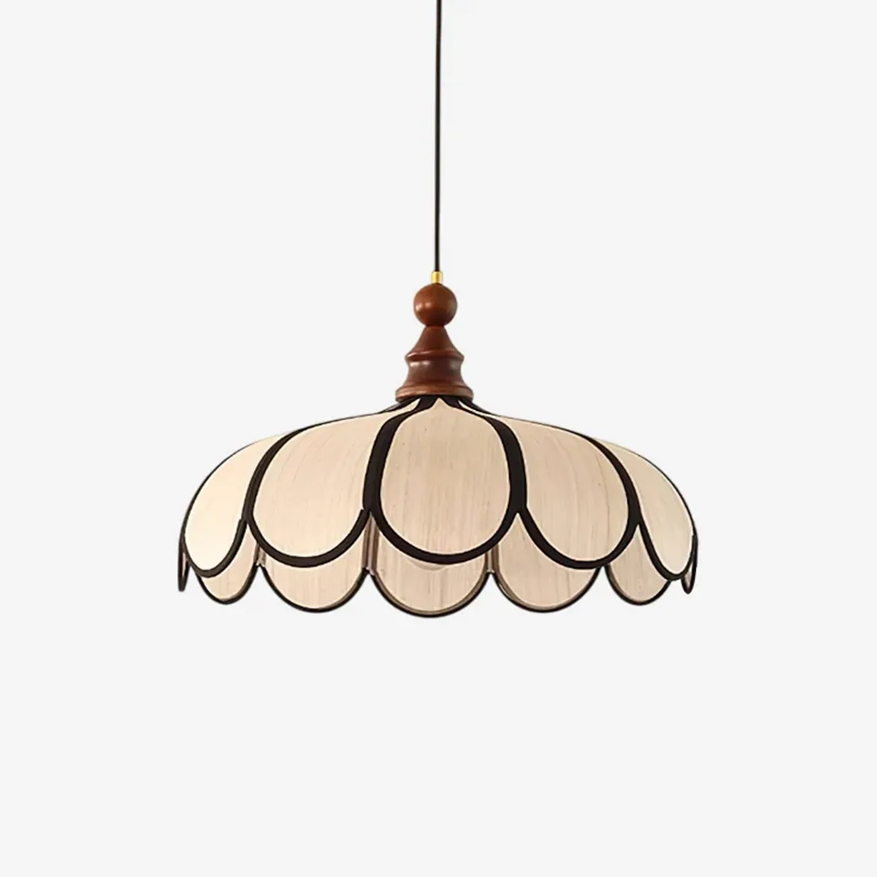 Scalloped Fabric Pendant Light – Ivory Petals, Black Trim and Wood Finial, 50 cm 2 Front view of the ivory scalloped fabric pendant light with two tiers of black-edged petals