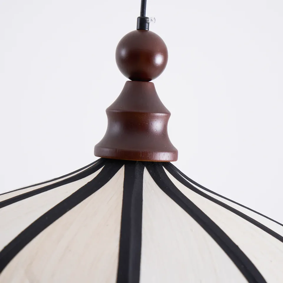 Scalloped Fabric Pendant Light – Ivory Petals, Black Trim and Wood Finial, 50 cm 6 Turned dark wood finial and ball on top of the scalloped fabric pendant light