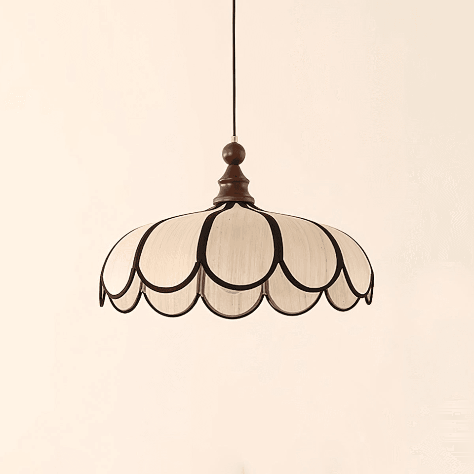 Scalloped fabric pendant light with ivory petals, black edging and wood finial - Jagmag Lights
