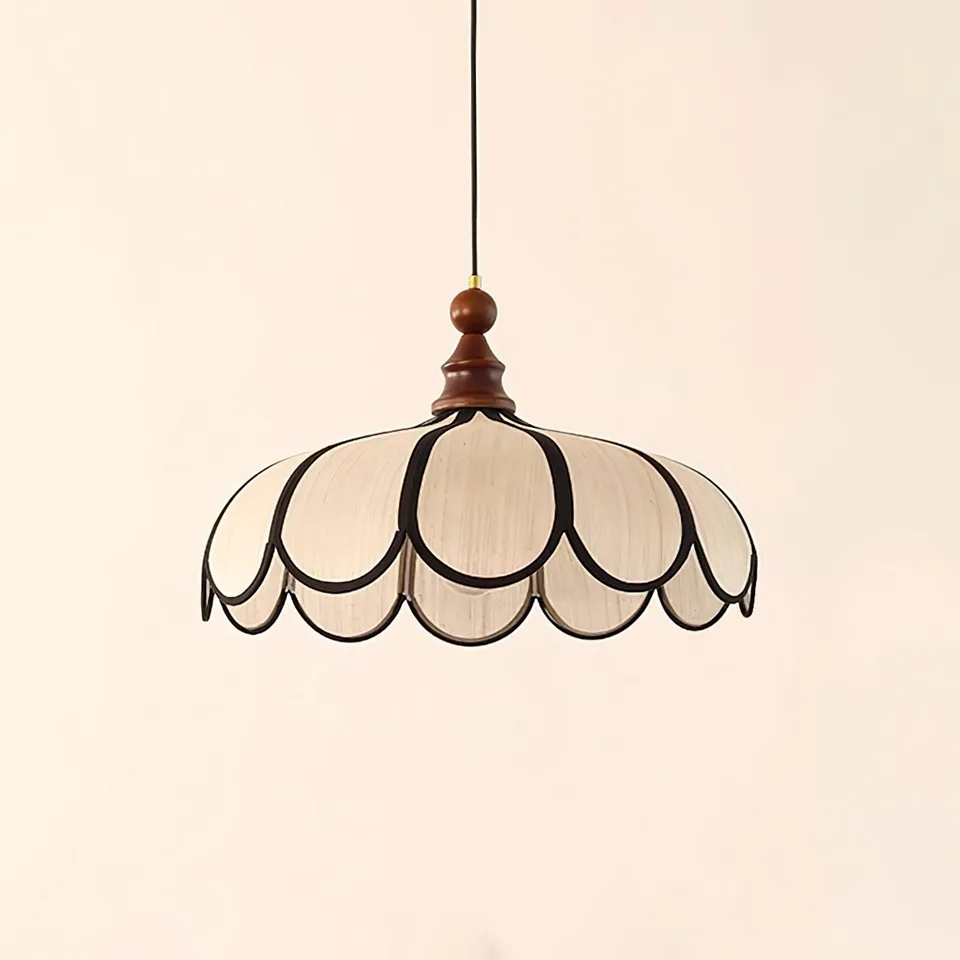 Scalloped fabric pendant light with ivory petals, black edging and wood finial - Jagmag Lights