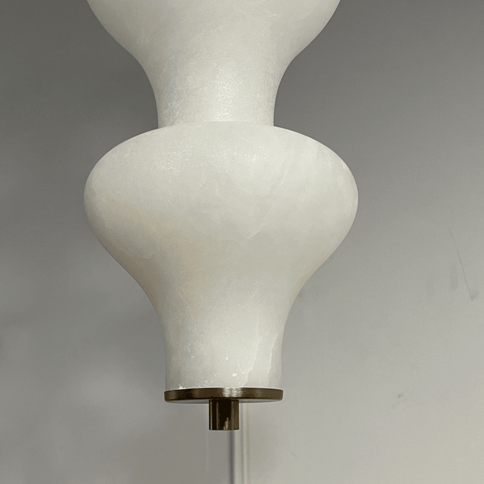 Sculptural Alabaster Pendant Light – 65 cm Stacked Stone | Jagmag Lights 5 Brass collar detail joining two hand-cut alabaster vessels