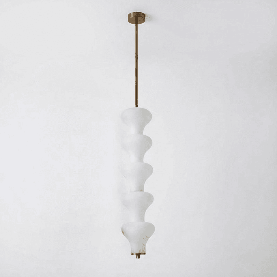 Sculptural Alabaster Pendant Light – 65 cm Stacked Stone | Jagmag Lights 3 Full 65 cm drop of the sculptural alabaster pendant light on a slim brass rod