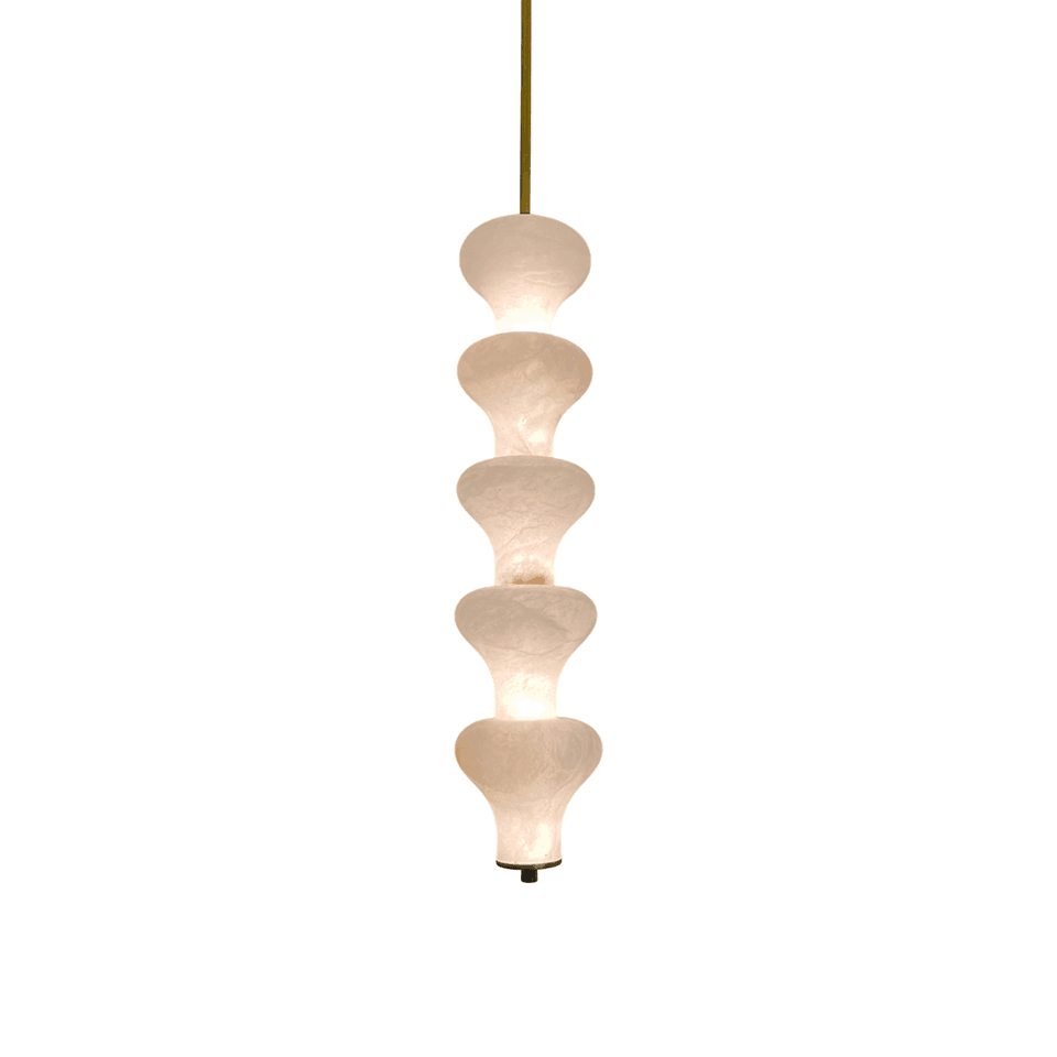 Sculptural Alabaster Pendant Light – 65 cm Stacked Stone | Jagmag Lights 2 Lit sculptural alabaster pendant light showing five stacked stone vessels