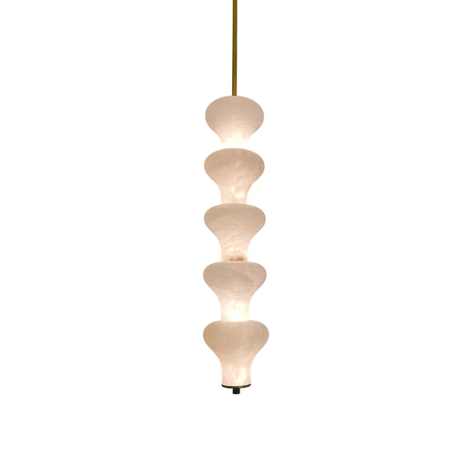 Sculptural Alabaster Pendant Light – 65 cm Stacked Stone | Jagmag Lights 2 Lit sculptural alabaster pendant light showing five stacked stone vessels