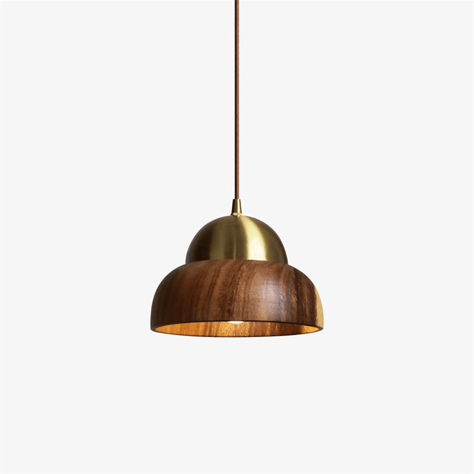 Small wood pendant light with brass cap and turned wood dome shade - Jagmag Lights