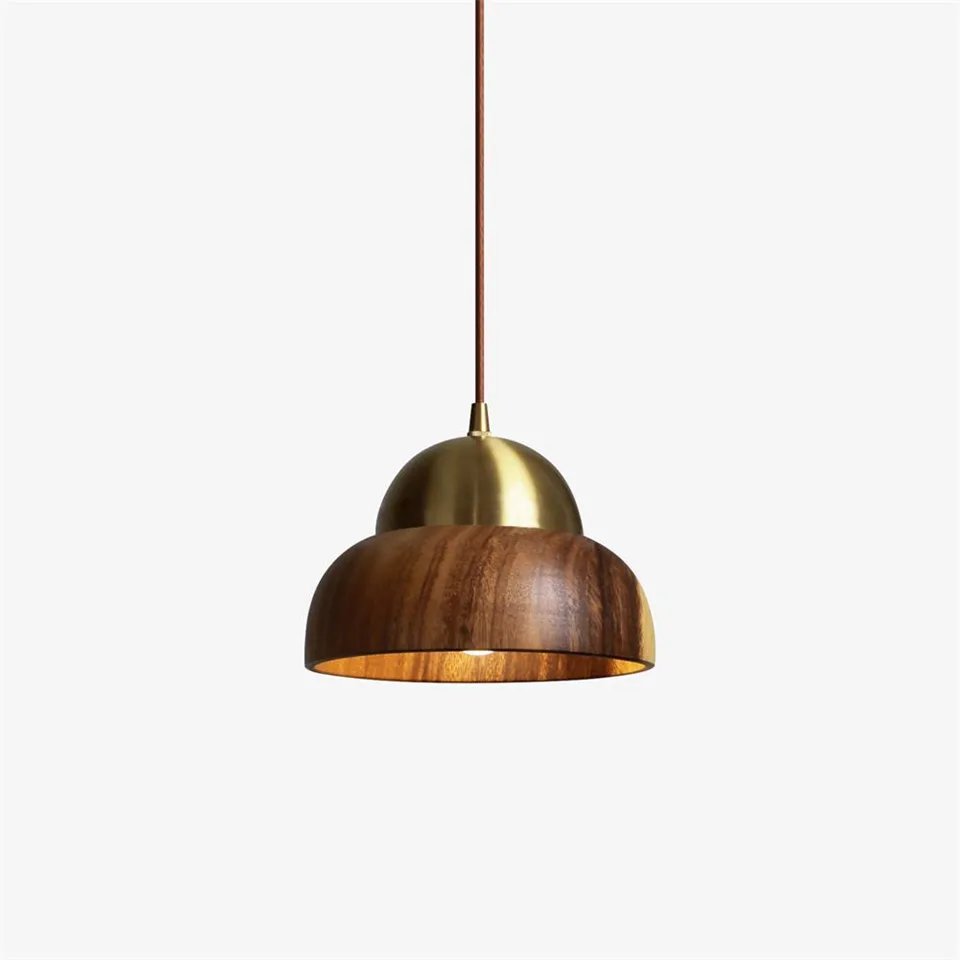 Small wood pendant light with brass cap and turned wood dome shade - Jagmag Lights