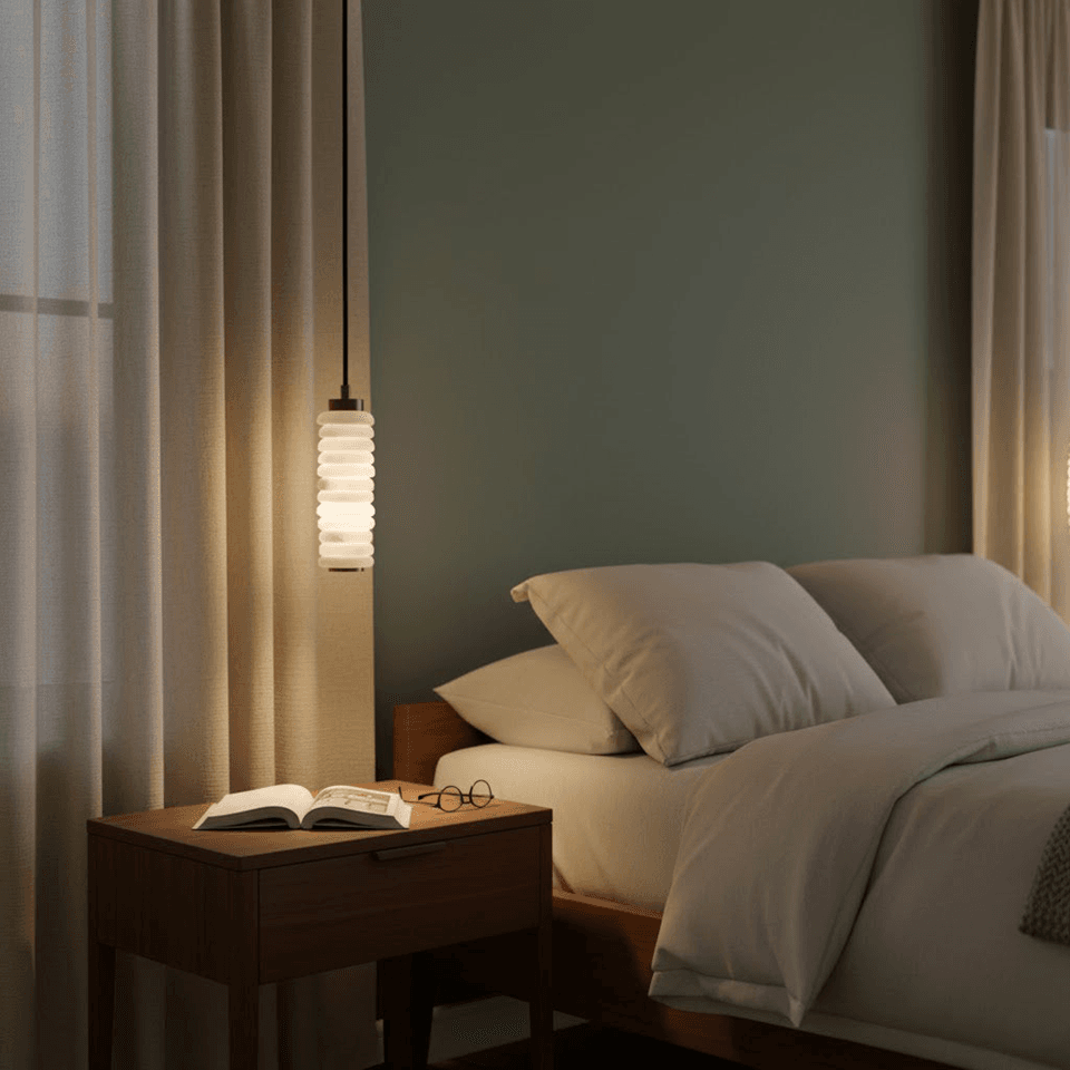 Stacked Alabaster Pendant Light – 27.5 cm Ring Column | Jagmag Lights 8 Stacked alabaster pendant light hung beside a bed in place of a bedside lamp
