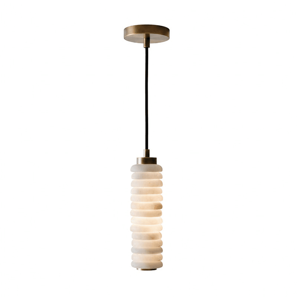Stacked alabaster pendant light, a column of hand-cut stone rings under an antique brass cap