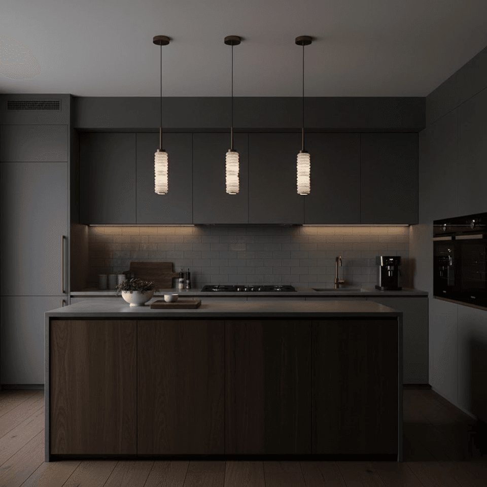 Stacked Alabaster Pendant Light – 27.5 cm Ring Column | Jagmag Lights 5 Three stacked alabaster pendant lights glowing over an island in a dark modern kitchen