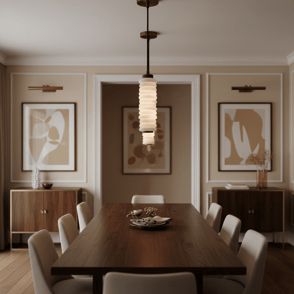 Stacked Alabaster Pendant Light – 27.5 cm Ring Column | Jagmag Lights 7 Stacked alabaster pendant light on a long rod drop above a walnut dining table