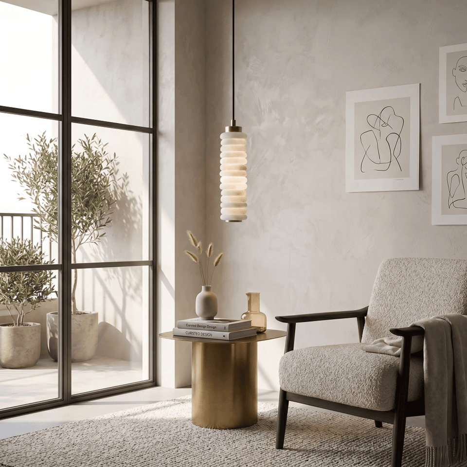 Stacked Alabaster Pendant Light – 27.5 cm Ring Column | Jagmag Lights 10 Stacked alabaster pendant light lit in a living room corner beside a boucle armchair