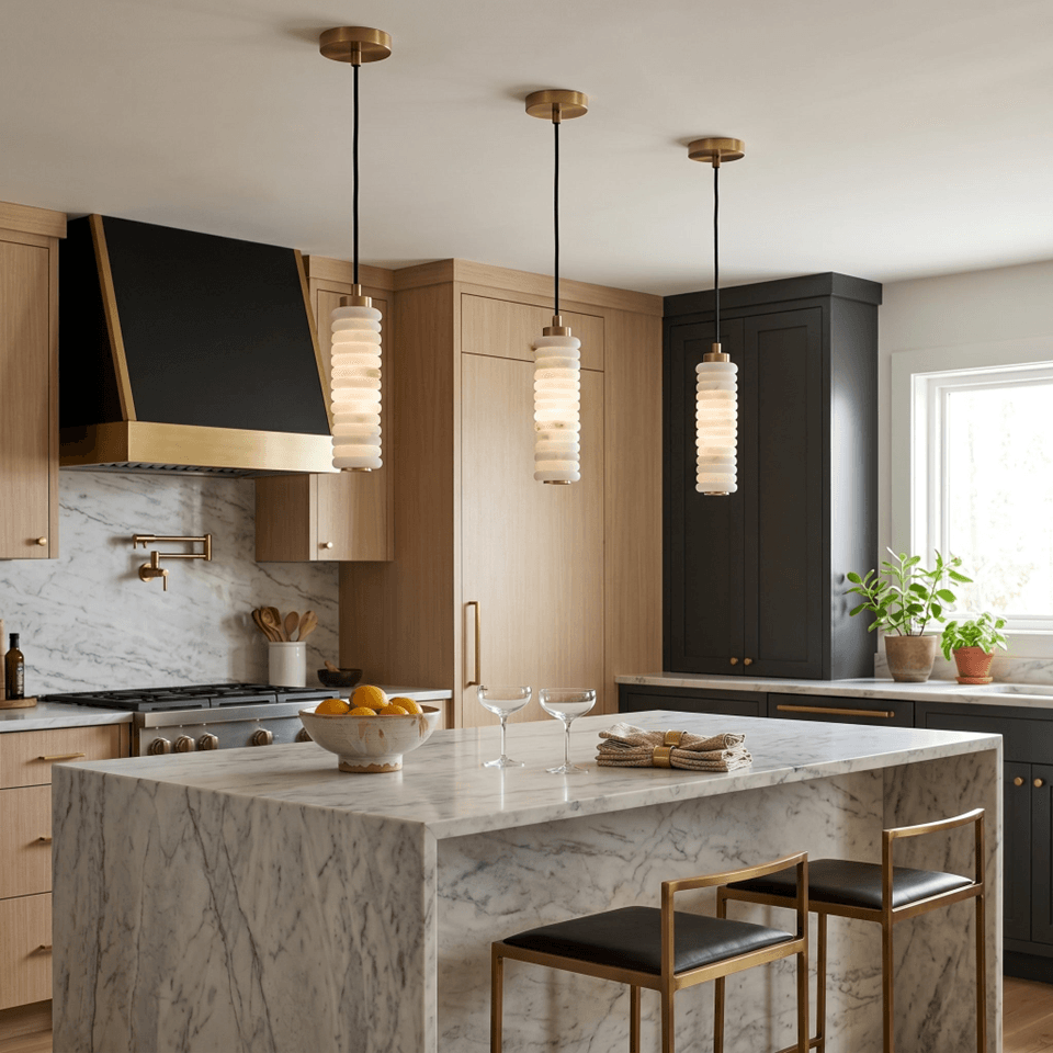 Stacked Alabaster Pendant Light – 27.5 cm Ring Column | Jagmag Lights 4 Three stacked alabaster pendant lights over a marble waterfall island with brass detailing