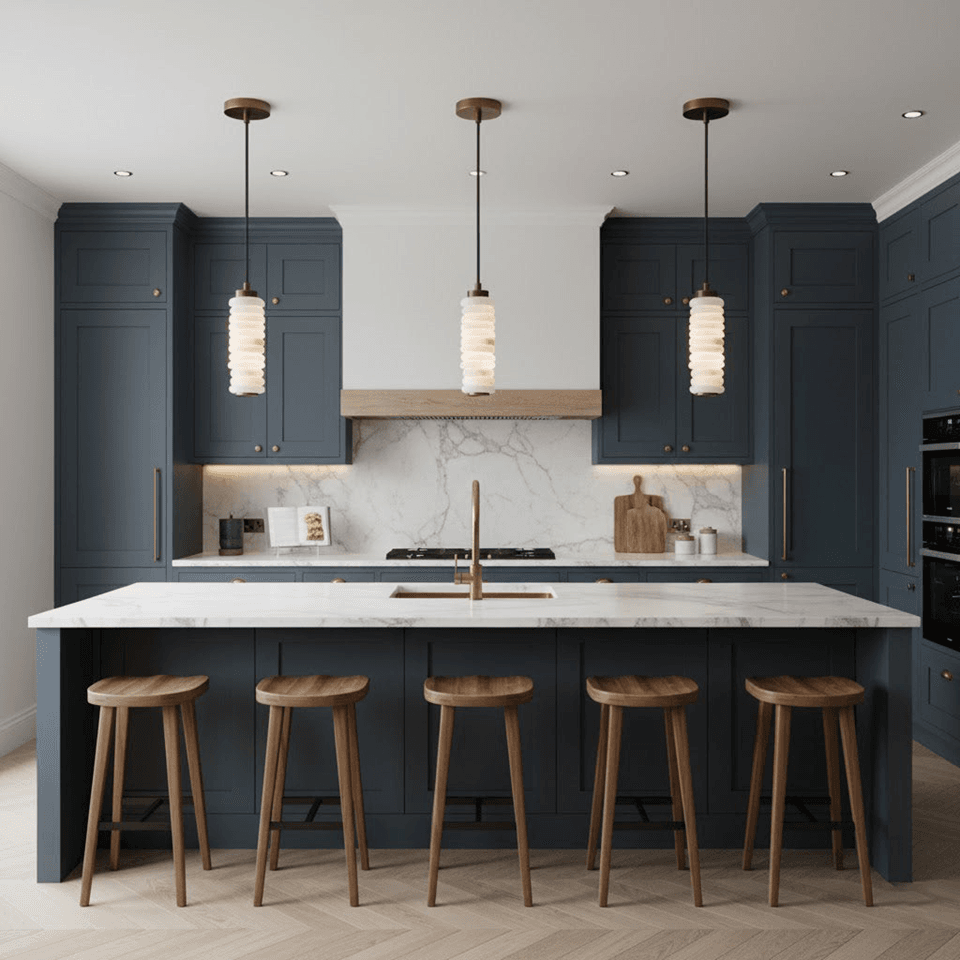 Stacked Alabaster Pendant Light – 27.5 cm Ring Column | Jagmag Lights 3 Three stacked alabaster pendant lights above a marble island in a navy shaker kitchen