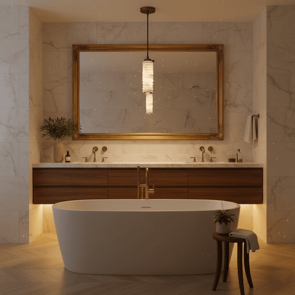 Stacked Alabaster Pendant Light – 27.5 cm Ring Column | Jagmag Lights 9 Stacked alabaster pendant light above a freestanding bath in a marble bathroom