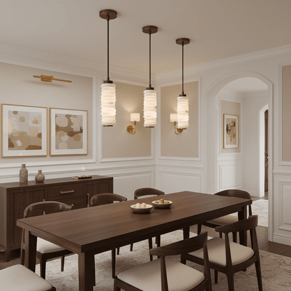 Stacked Alabaster Pendant Light – 27.5 cm Ring Column | Jagmag Lights 6 Three stacked alabaster pendant lights above a walnut dining table in a panelled room