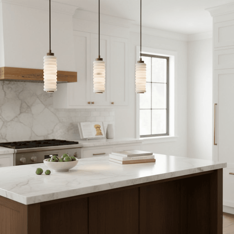 Stacked Alabaster Pendant Light – 27.5 cm Ring Column | Jagmag Lights 2 Three stacked alabaster pendant lights over a white marble kitchen island