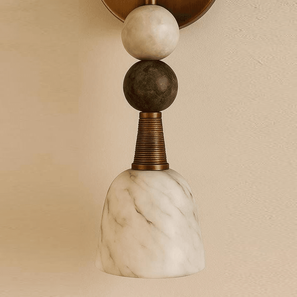 Stone Bead Wall Light – 18″ Stacked Alabaster Sconce | Jagmag Lights 4 Alabaster bell shade with grey veining below a ribbed brass cone