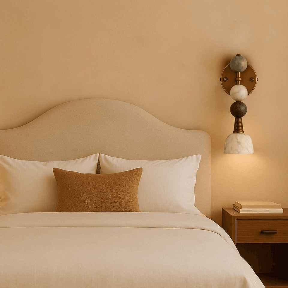 Stone Bead Wall Light – 18″ Stacked Alabaster Sconce | Jagmag Lights 2 Stone bead wall light lit beside a bed, warm light falling onto the nightstand