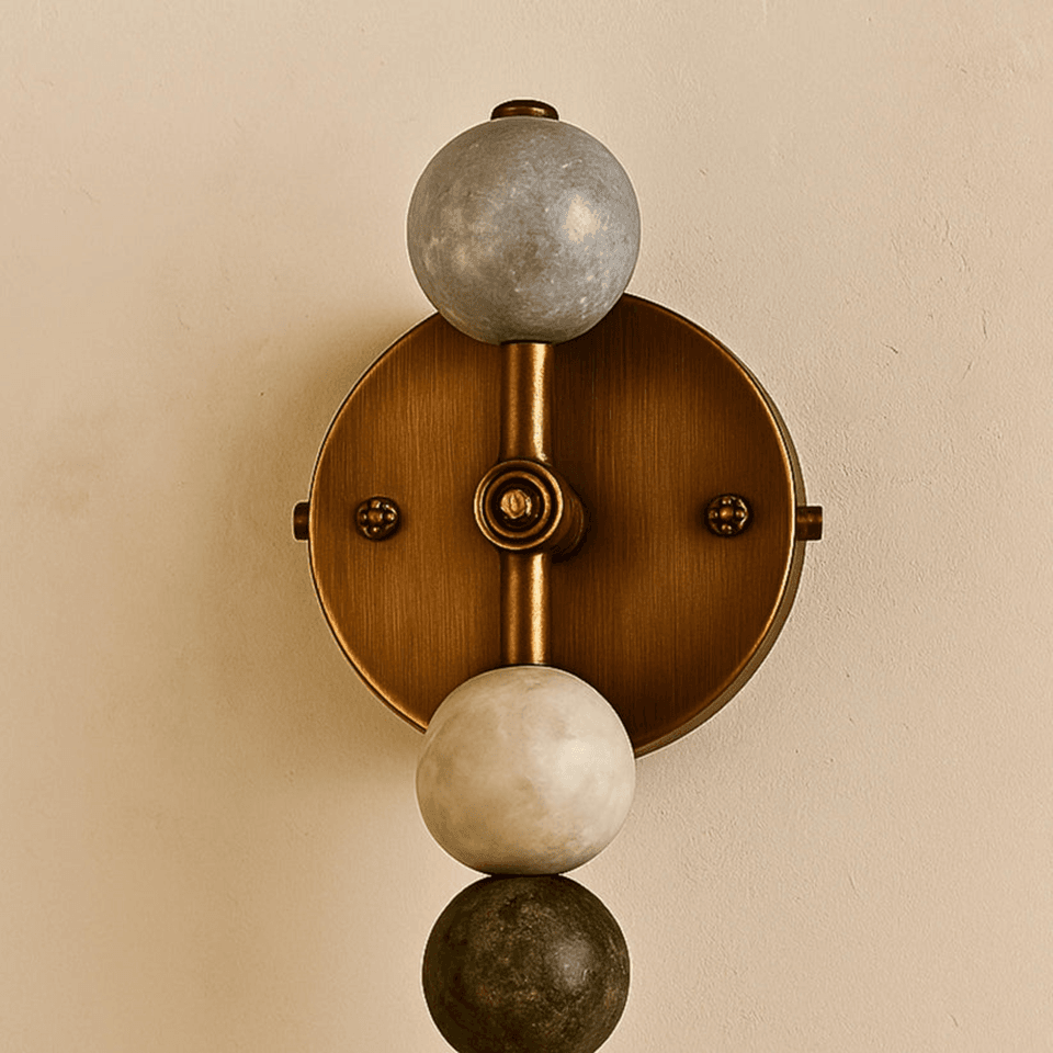 Stone Bead Wall Light – 18″ Stacked Alabaster Sconce | Jagmag Lights 5 Round antique brass backplate of the stone bead wall light with turned centre boss