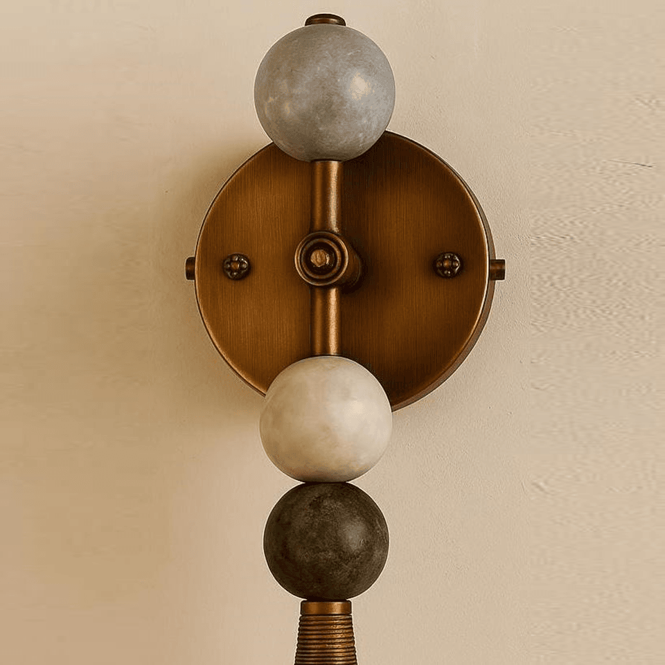 Stone Bead Wall Light – 18″ Stacked Alabaster Sconce | Jagmag Lights 3 Close-up of the grey stone, white alabaster and dark green stone beads on the brass spine